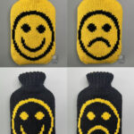 Wärmflasche Smileys gestrickte Wärmflaschenhüllen in gelb mit schwarzem Smileys in Double Knitting und auf schwarzem Hintergrund mit gelbem Smiley